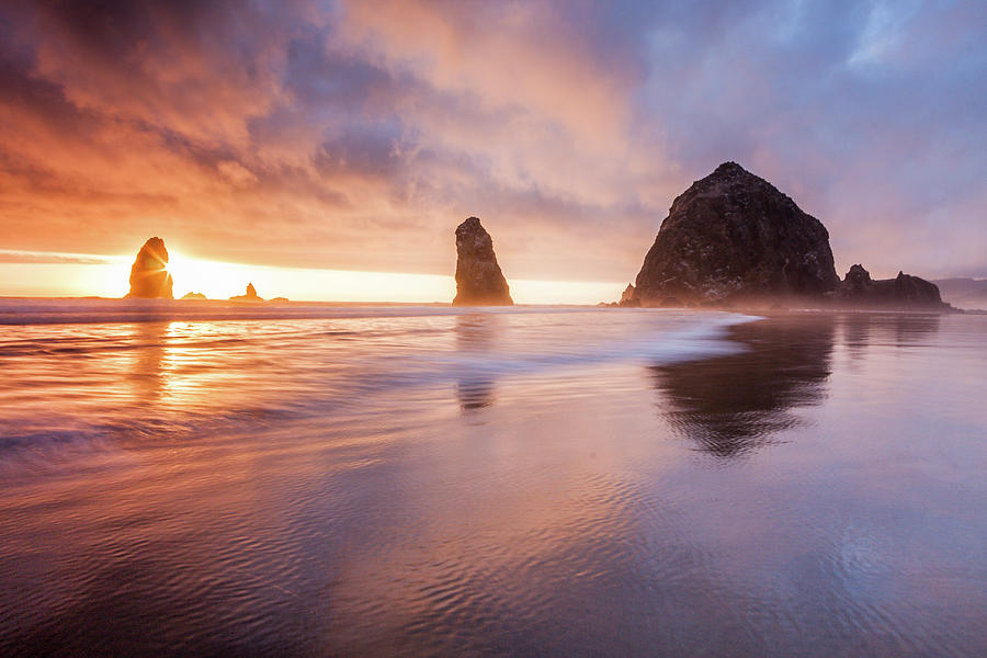 Haystack Rock and Needles Sunset, Cannon Beach Or Photograph by Mark ...