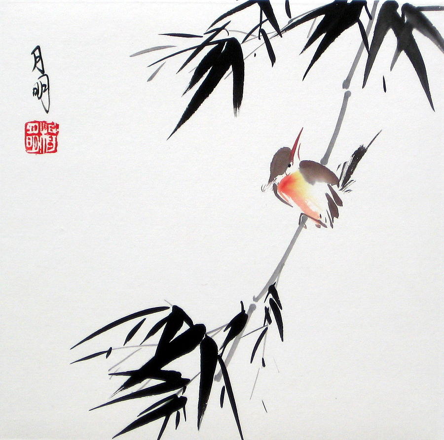 Kingfisher Painting - Hearing Rain by Ming Yeung Kingfisher Painting - Hearing Rain by Ming Yeung