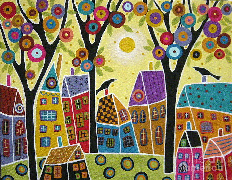 Houses Trees and Birds #1 Painting by Karla Gerard