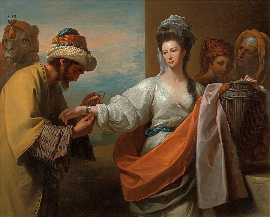 Isaacs Servant tying the Bracelet on Rebeccas Arm #4 Painting by Benjamin West
