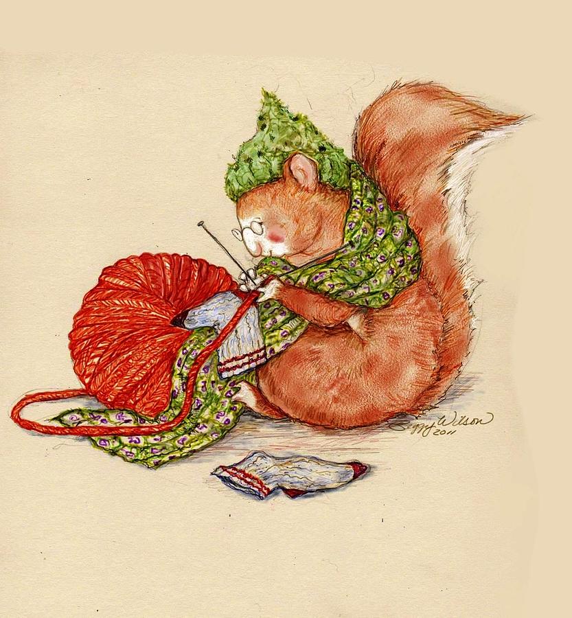 Knitting Squirrel #2 Drawing by Peggy Wilson