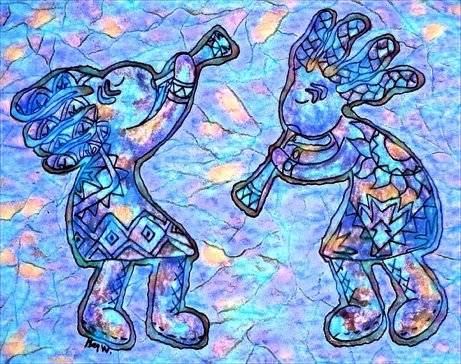2 Kokopellis in blue multicolor Digital Art by Megan Walsh