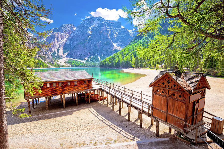 Lago di Braies turquoise water and Dolomites Alps view #2 Photograph by Brch Photography