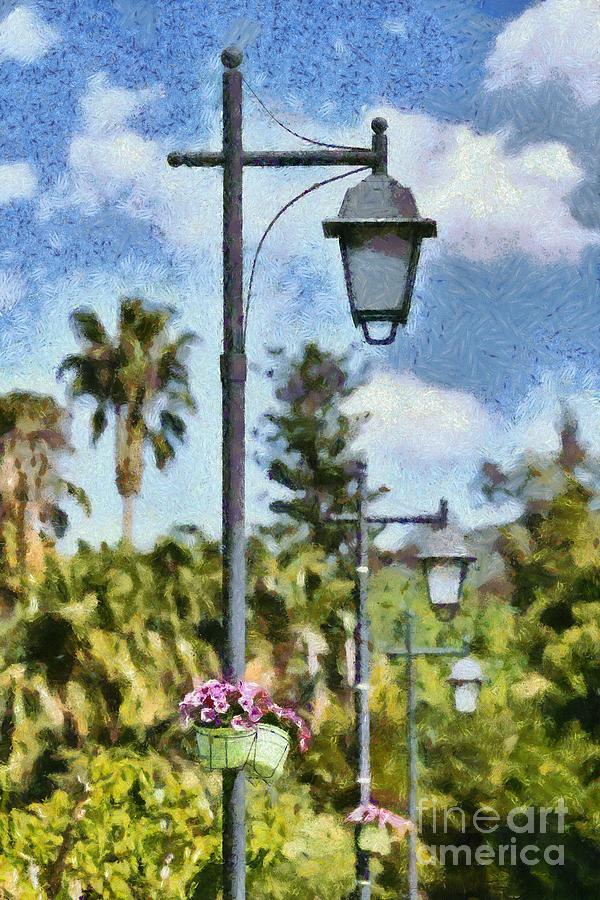 Lampost with flowers in Nafplio town #2 Painting by George Atsametakis
