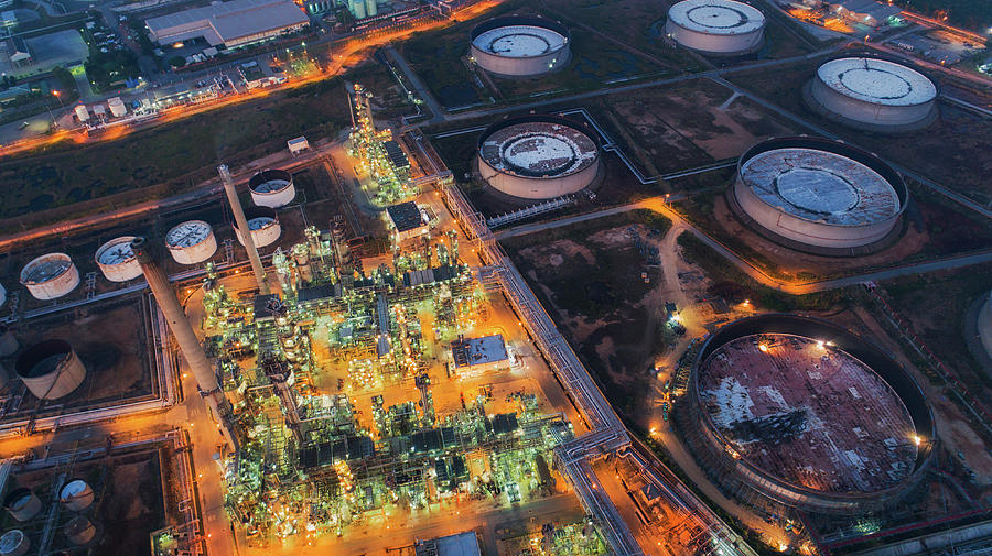Land scape of Oil refinery plant from bird eye view on night #2 Photograph by Anek Suwannaphoom