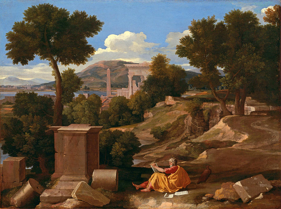 Landscape with Saint John on Patmos #2 Painting by Nicolas Poussin