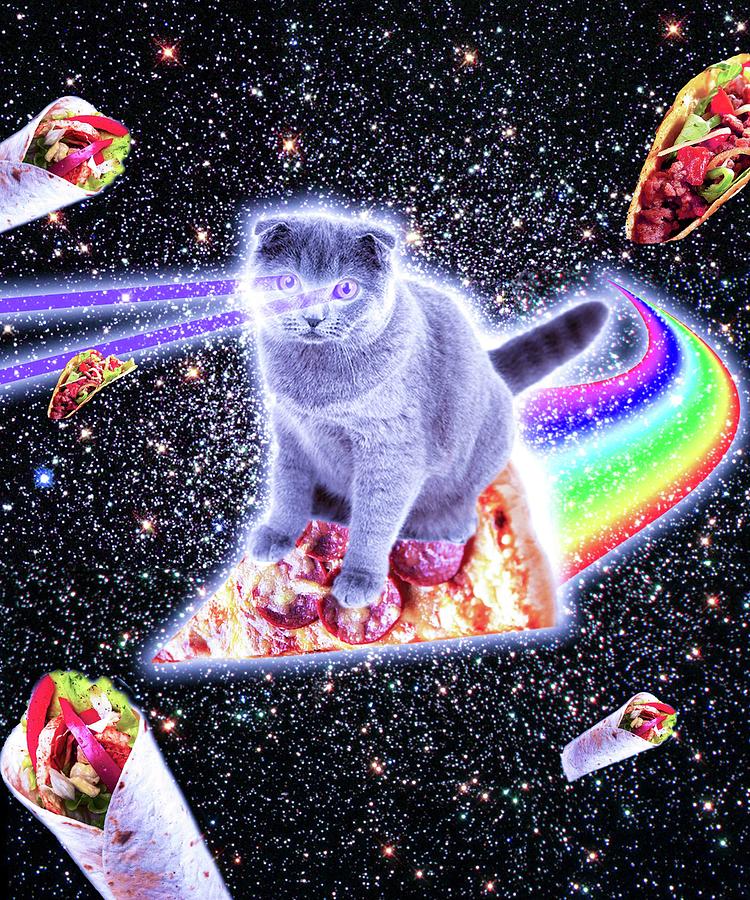 Laser Eyes Space Cat Riding Rainbow Pizza Digital Art by Random Galaxy.
