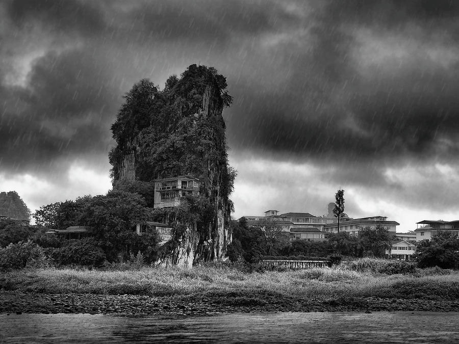 Lijiang River boat tour in the rain-ArtToPan-China Guilin scenery-Black and white photograph #2 Photograph by Artto Pan