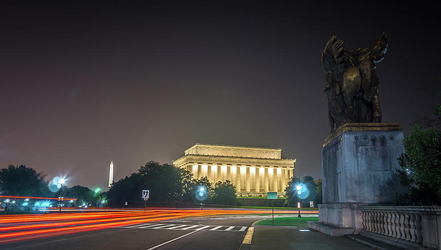 Lincoln Memorial Monument With Car Trails At Night #2 Photograph by Alex Grichenko