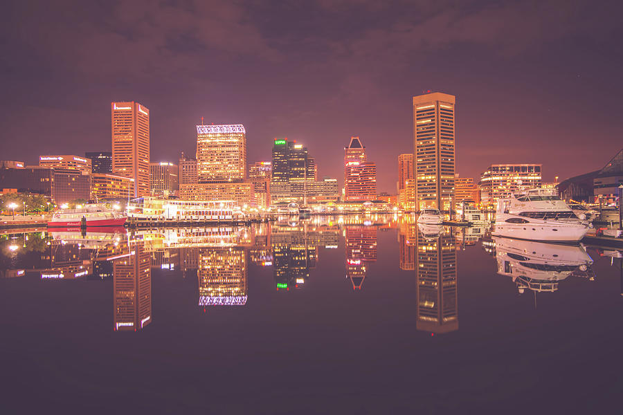Long exposure of the colorful Baltimore skyline #2 Photograph by Alex Grichenko