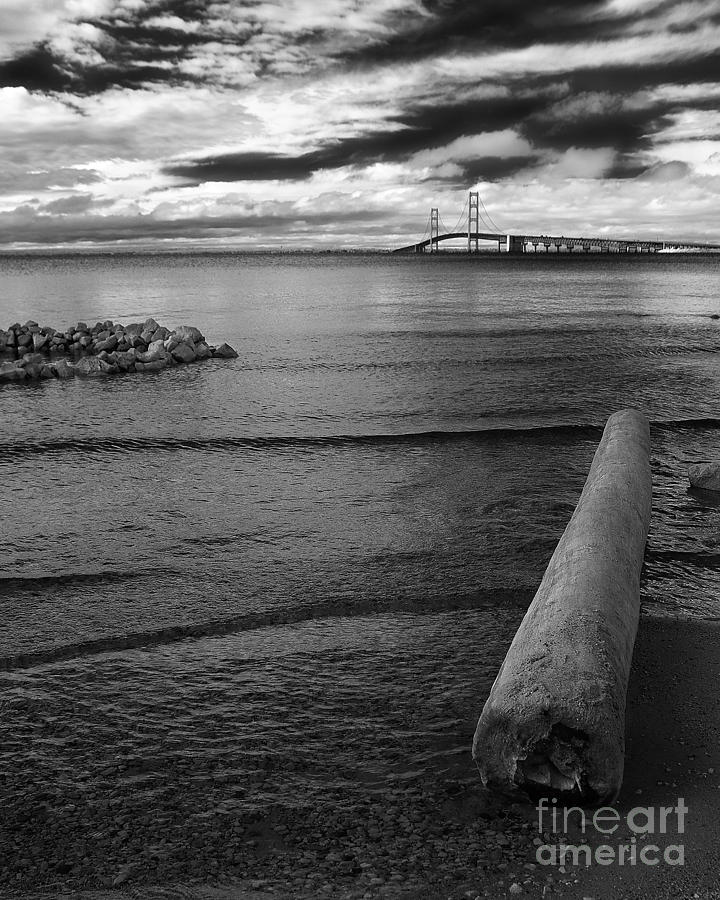 Black And White Photograph - Mackinac Bridge - Infrared 01 by Larry Carr