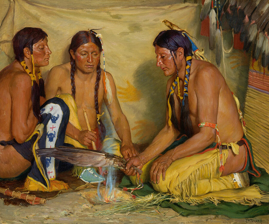 Making Sweet Grass Medicine, Blackfoot Ceremony, from circa 1920 Painting by Joseph Henry Sharp