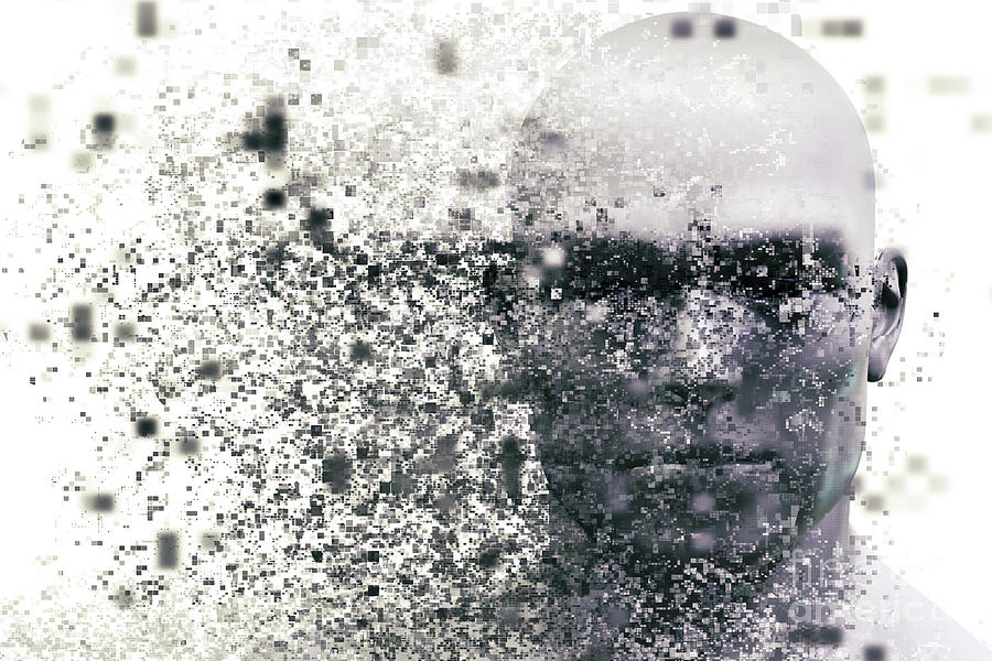 Abstract Photograph - Man face with pixel dispersion effect. Concept of technology, modern science but also disintegration #2 by Michal Bednarek