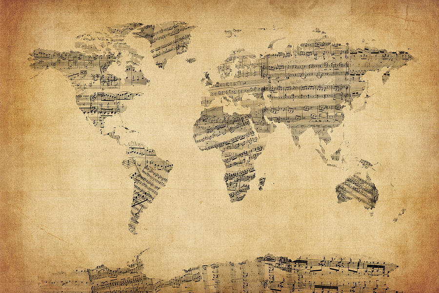 World Map Digital Art - Map of the World Map from Old Sheet Music #2 by Michael Tompsett