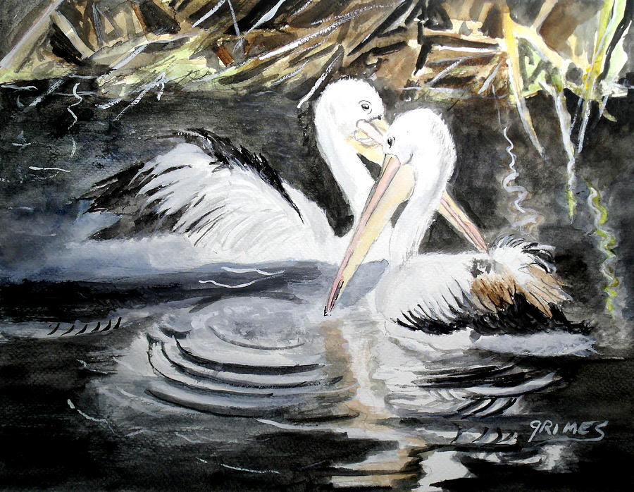2 Mate Pelicans Painting by Carol Grimes