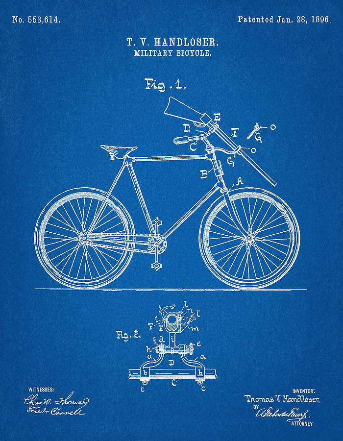 Sports Digital Art - Military Bicycle - Patent Drawing for the 1896 T. V. Handloser Military Bicycle #2 by SP JE Art