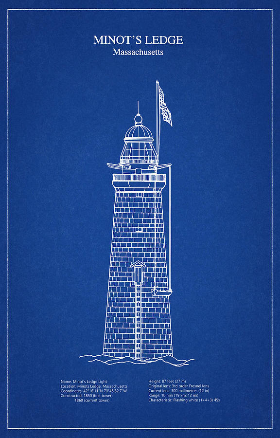 Architecture Digital Art - Minots Ledge Lighthouse - Massachusetts - blueprint drawing #2 by SP JE Art