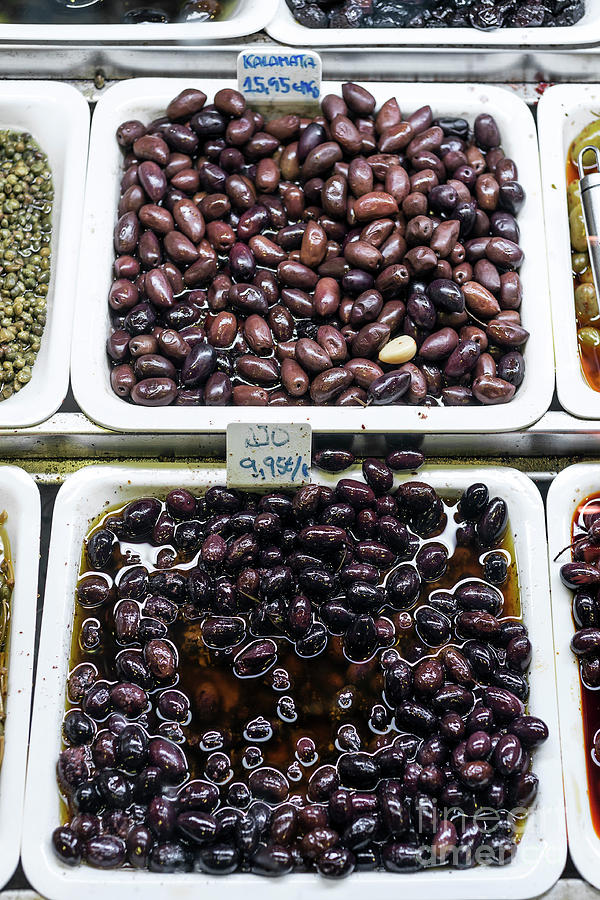 Mixed Olive Snacks In Market Display Trays Barcelona Spain #2 Photograph by JM Travel Photography