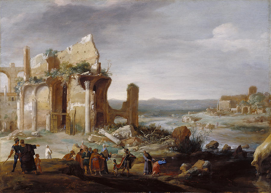 Moses and Aaron Changing the Rivers of Egypt to Blood #3 Painting by Bartholomeus Breenbergh