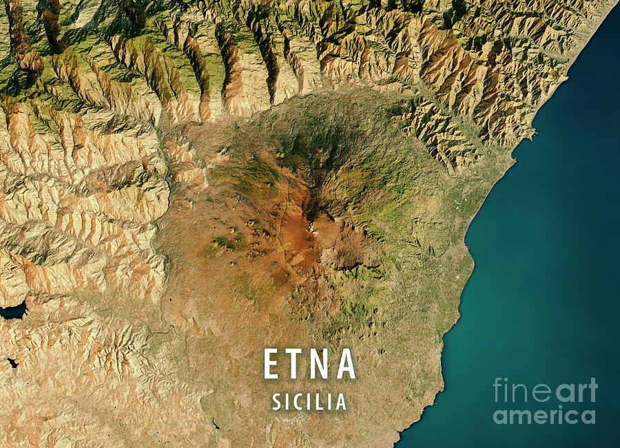 Map Digital Art - Mount Etna 3D Render Satellite View Topographic Map #2 by Frank Ramspott