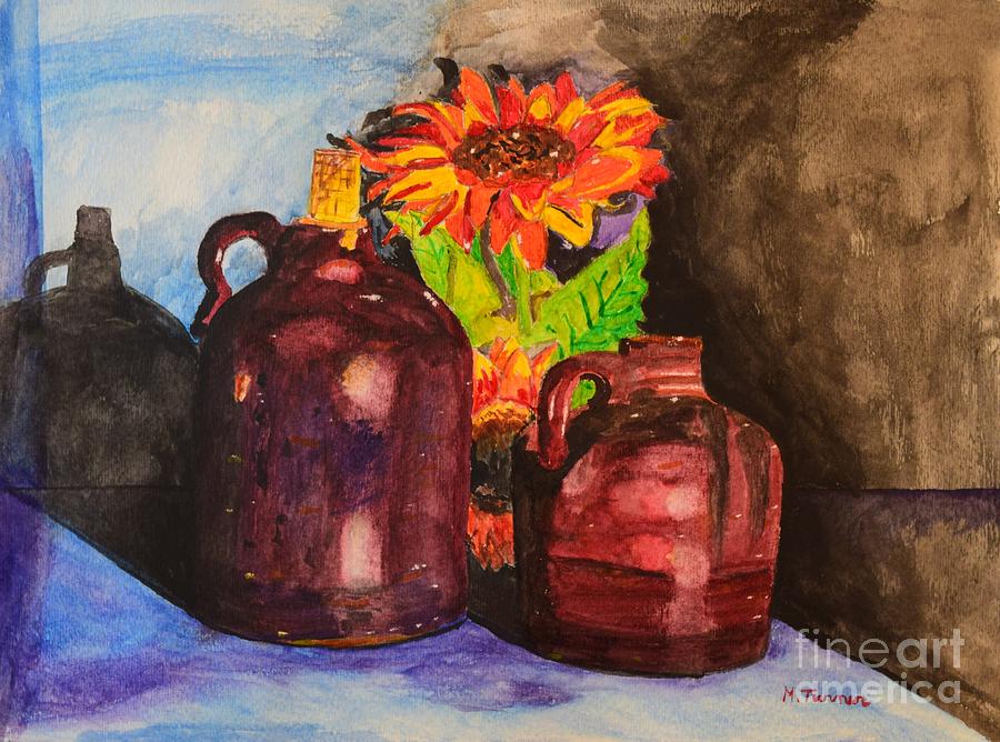 Sunflower Painting - 2 old Jugs 1.. by Melvin Turner