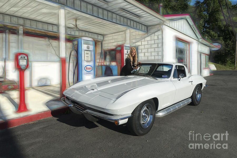 Old time service station with 1967 corvette model Ally Darst #2 Photograph by Dan Friend