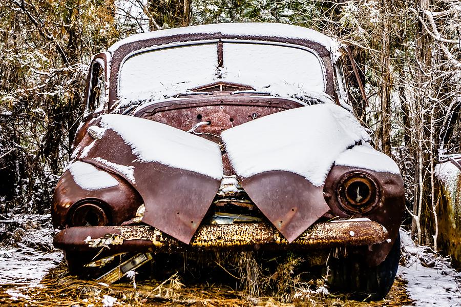Old Vintage Plymouth Automobile In The Woods Covered In Snow #2 Photograph by Alex Grichenko