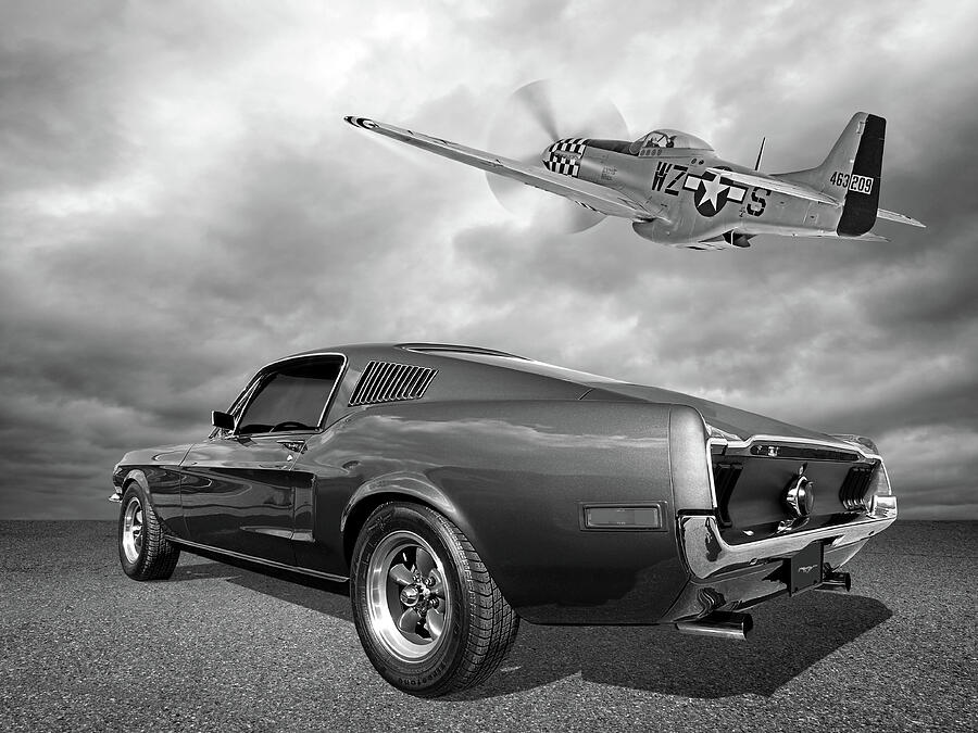 p51 With 1968 Mustang Black and White Photograph by Gill Billington