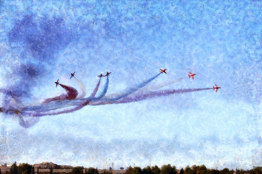 Painting of Red Arrows aerobatic team #3 Painting by George Atsametakis