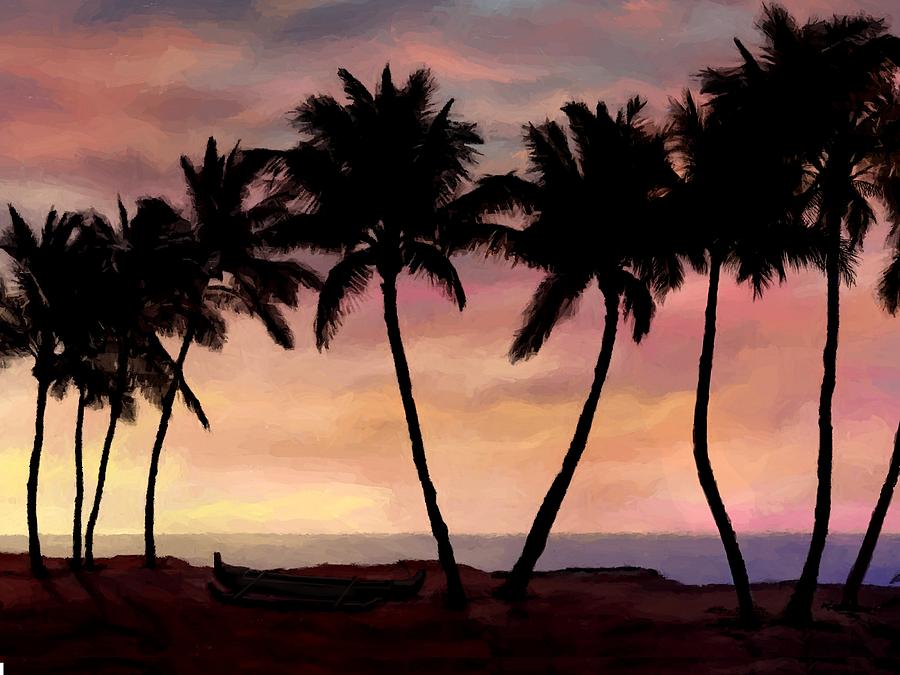 Palm Tree Sunset with Canoe Painting by Stephen Jorgensen