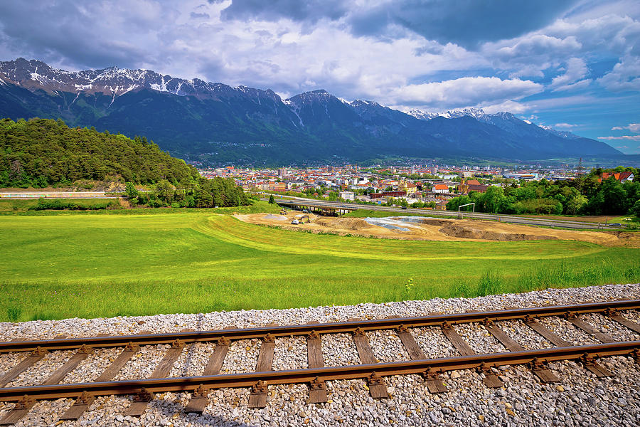 Panoramic aerial view of Innsbruck and Hafelekarspitze mountain  #2 Photograph by Brch Photography