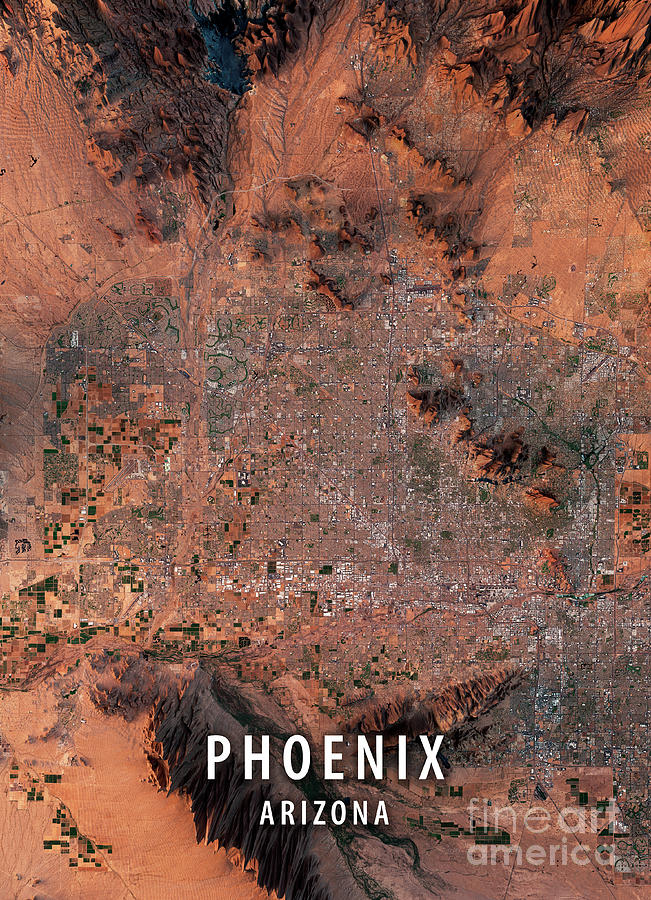 Phoenix Digital Art - Phoenix 3D Render Satellite View Topographic Map #2 by Frank Ramspott