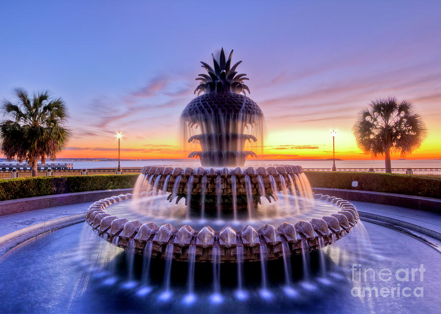 Pineapple Photograph - Pineapple Fountain Charleston SC Sunrise by Dustin K Ryan
