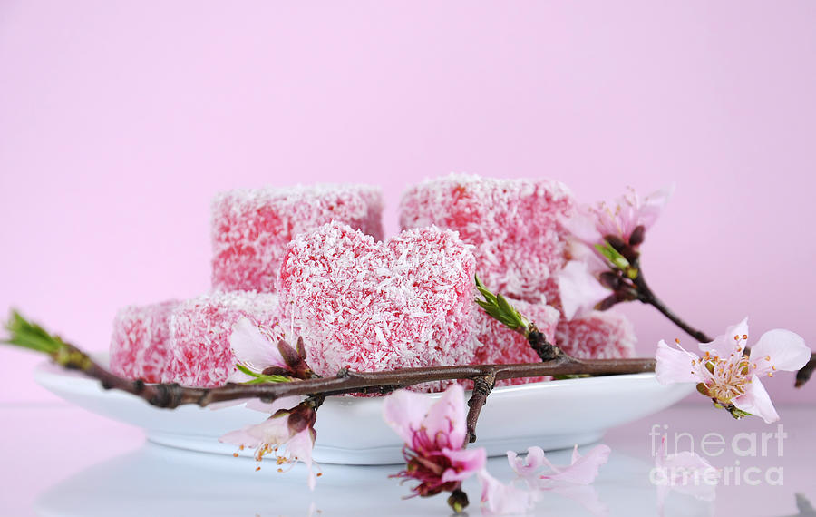 Pink heart shape small lamington cakes #2 Photograph by Milleflore Images