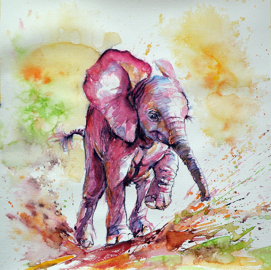 Elephant Painting - Playing elephant baby #1 by Kovacs Anna Brigitta