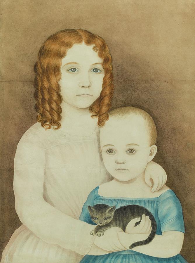 Portrait Of Two Children Holding A Kitten Painting