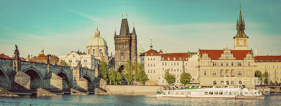 Prague, Czech Republic. Charles Bridge, boat cruise on Vltava river. Vintage #2 Photograph by Michal Bednarek