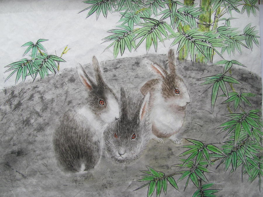 Animal Painting - Rabits #2 by Jian Hua Li