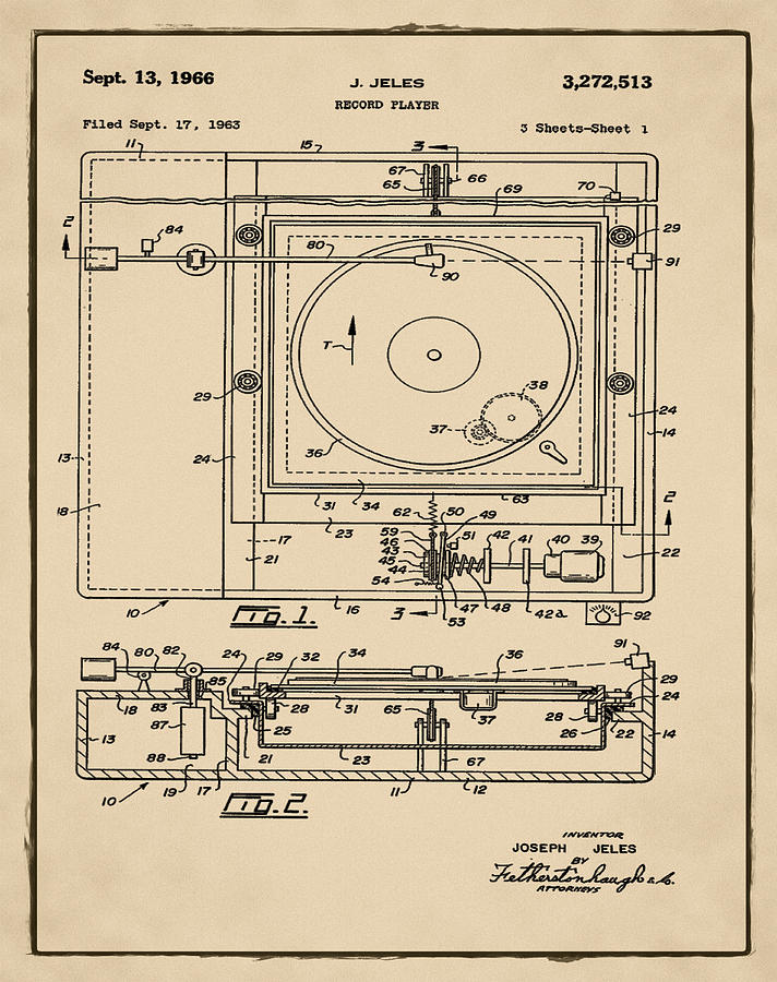 Record Player Patent 1966 Sepia #2 Digital Art by Bill Cannon - Pixels