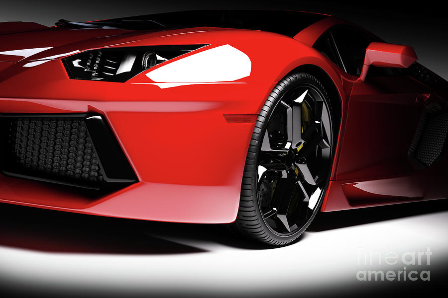 Red fast sports car in spotlight, black background. Shiny, new, luxurious. #2 Photograph by Michal Bednarek