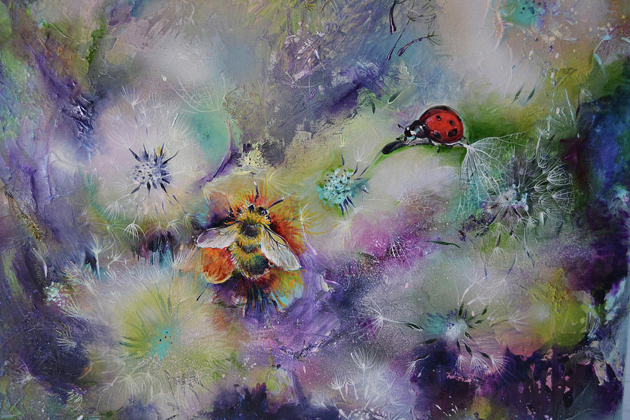 Rendezvous, Ladybug and Bumble-bee on Dandelions  #2 Painting by Soos Roxana Gabriela