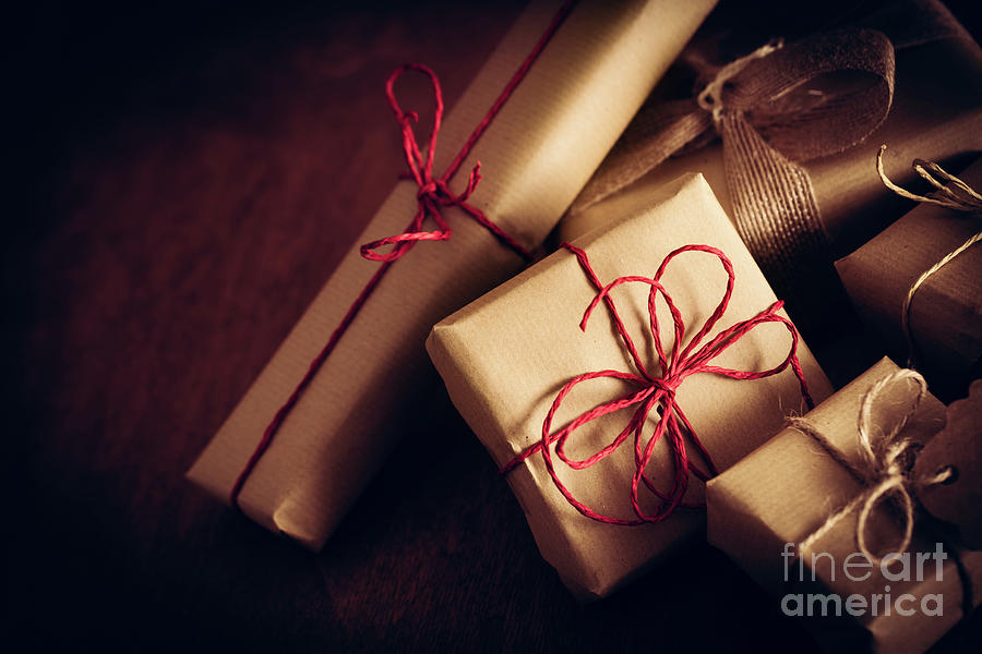 Christmas Photograph - Rustic retro gifts, present boxes. Christmas time, eco paper wrap. #2 by Michal Bednarek