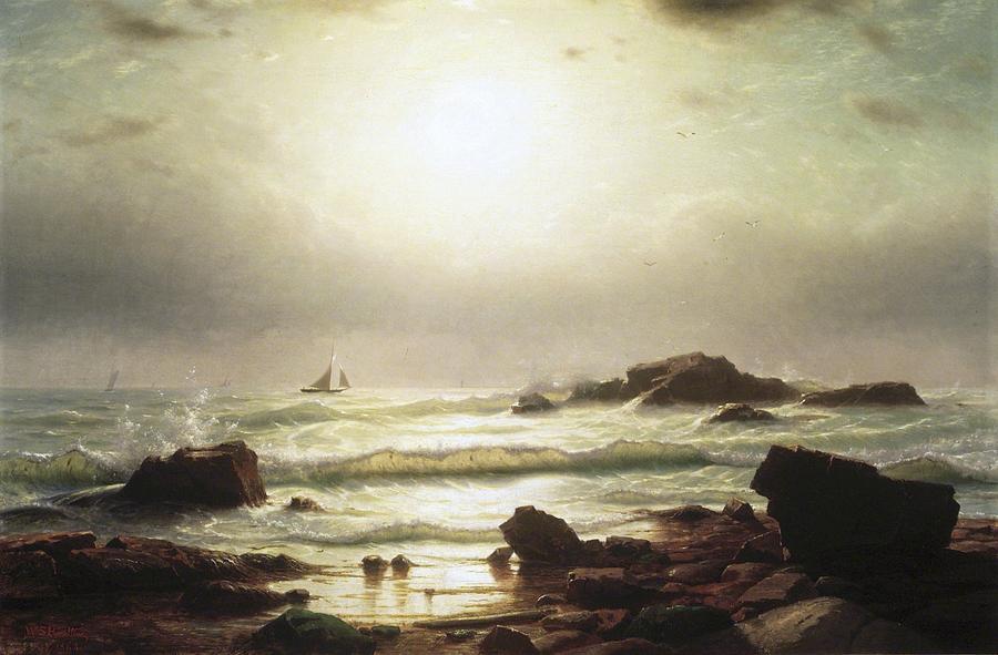 Sail Boats Off A Rocky Coast Painting
