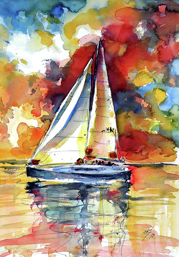 Sailboat at sunset #2 Painting by Kovacs Anna Brigitta