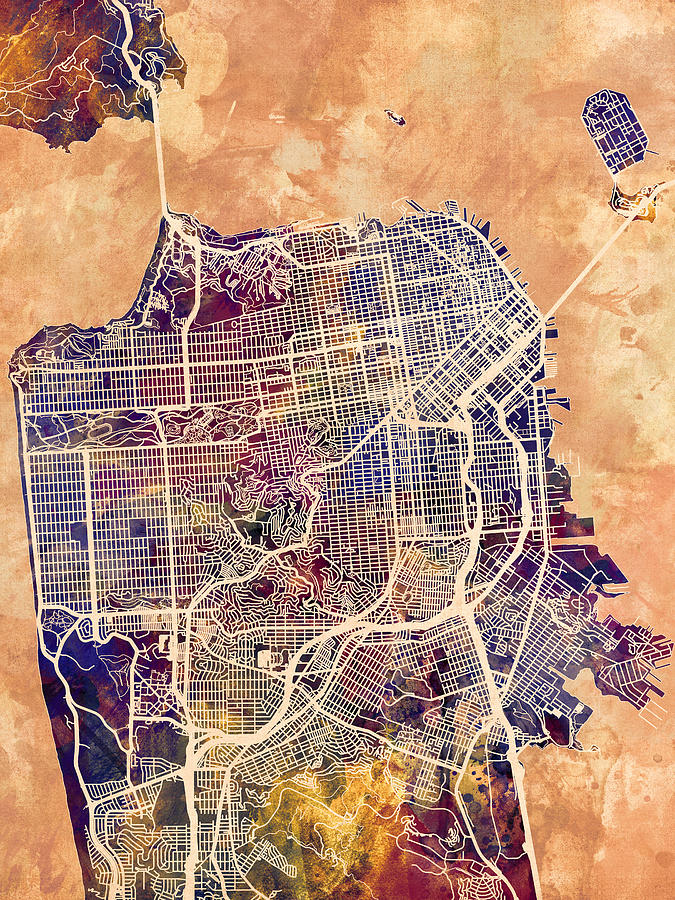 San Francisco Digital Art - San Francisco City Street Map #2 by Michael Tompsett