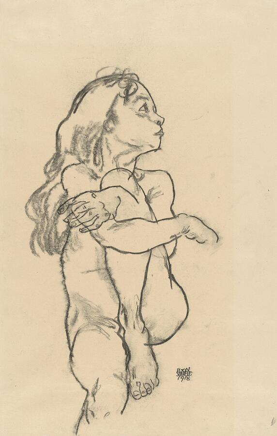 Seated Nude Girl Clasping Her Left Knee, from 1918 Drawing by Egon Schiele
