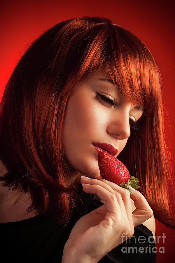 Seductive female with strawberry #2 Photograph by Anna Om