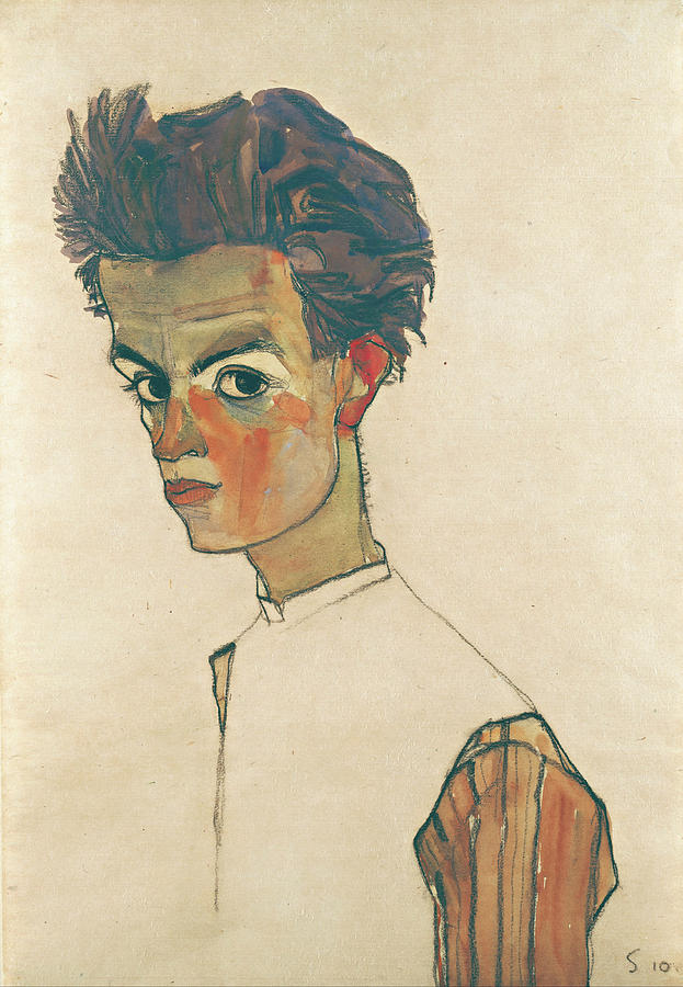 Egon Schiele Painting - Self-Portrait with Striped Shirt #2 by Egon Schiele