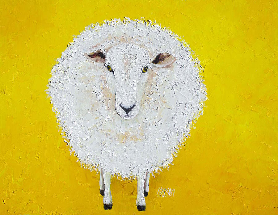 Sheep painting on yellow background #1 Painting by Jan Matson