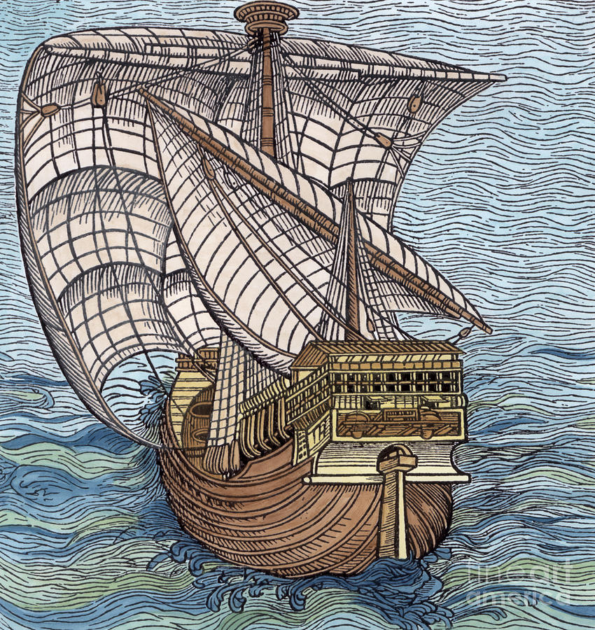 Ship from the time of Christopher Columbus Drawing by English School